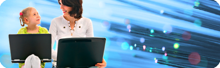 Policy position banner image featuring a mother and daughter using laptops with a background of optic fibre